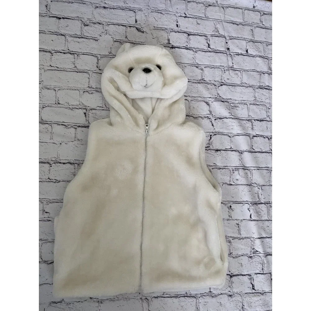 Fleece Polar Bear White‎ Faux Fur White Hooded Vest Size Small Youth Vintage Zip